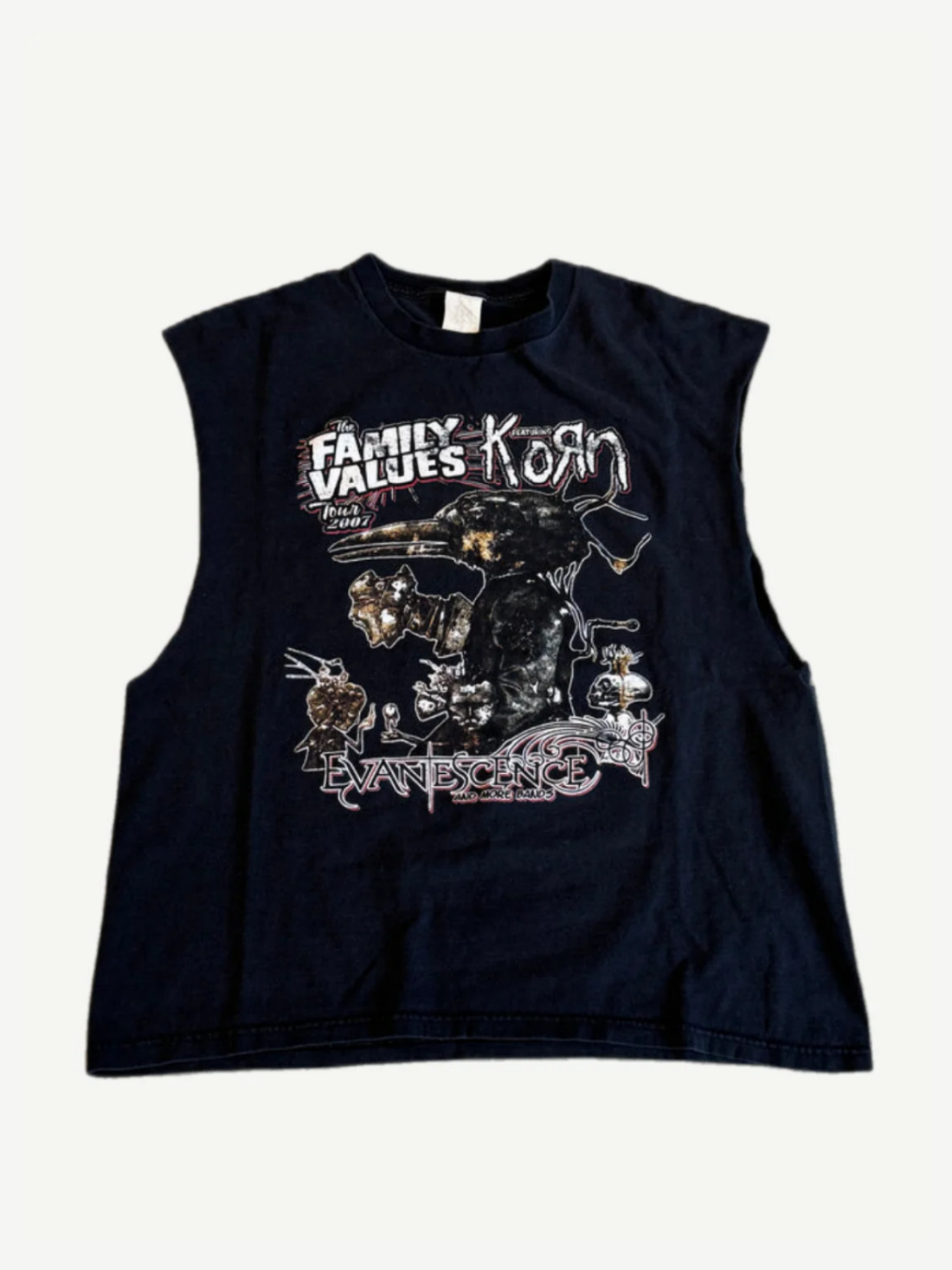 Vintage Family Values 2007 tour cutoff tee front in black with Korn metal band graphic on faded cotton