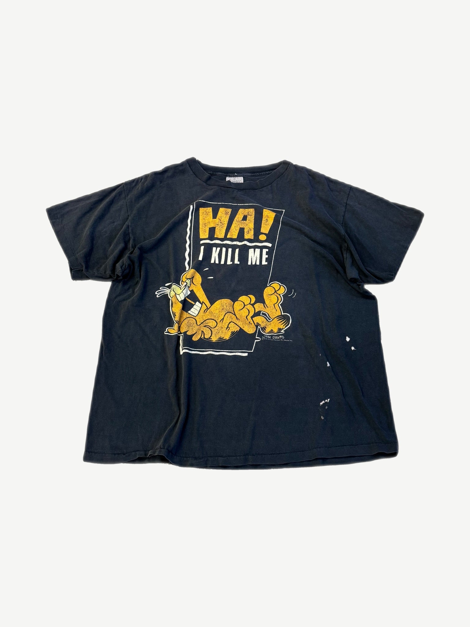 Vintage Garfield Ha I Kill Me black tee with yellow cartoon laughing Garfield front print