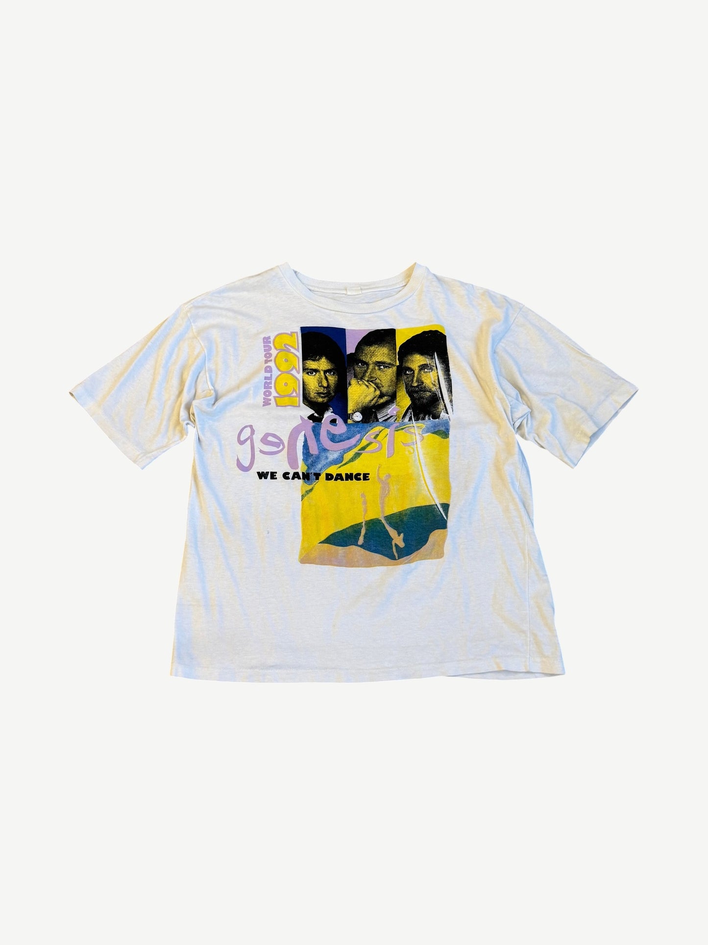 Vintage Genesis white tee front with three band member portraits, We Can't Dance 1991 World Tour graphic print.