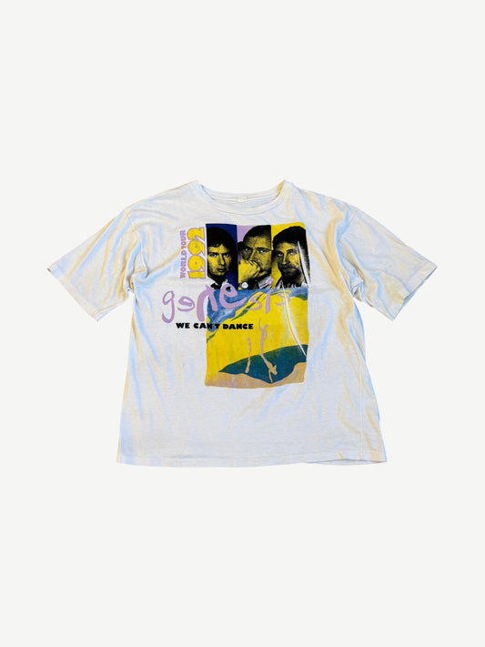 Vintage Genesis white tee front with three band member portraits, We Can't Dance 1991 World Tour graphic print.