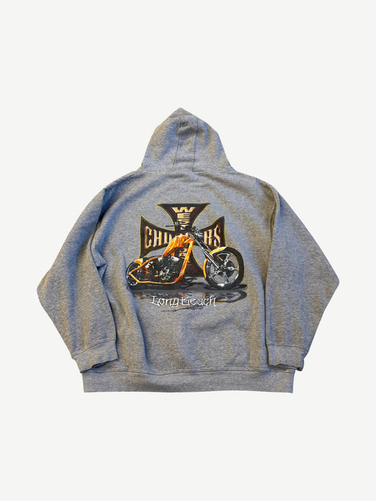Vintage Gray West Coast Choppers Red Flame Motorcycle Hoodie