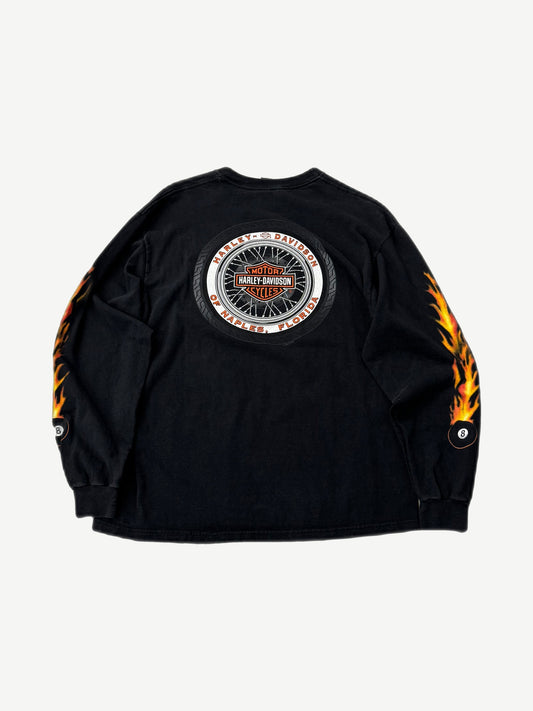 Vintage Harley Davidson black long sleeve back with Naples Florida wheel logo and flame sleeve prints