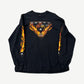 Vintage Harley Davidson black long sleeve tee front with flaming 8 ball rack graphic and flame sleeves