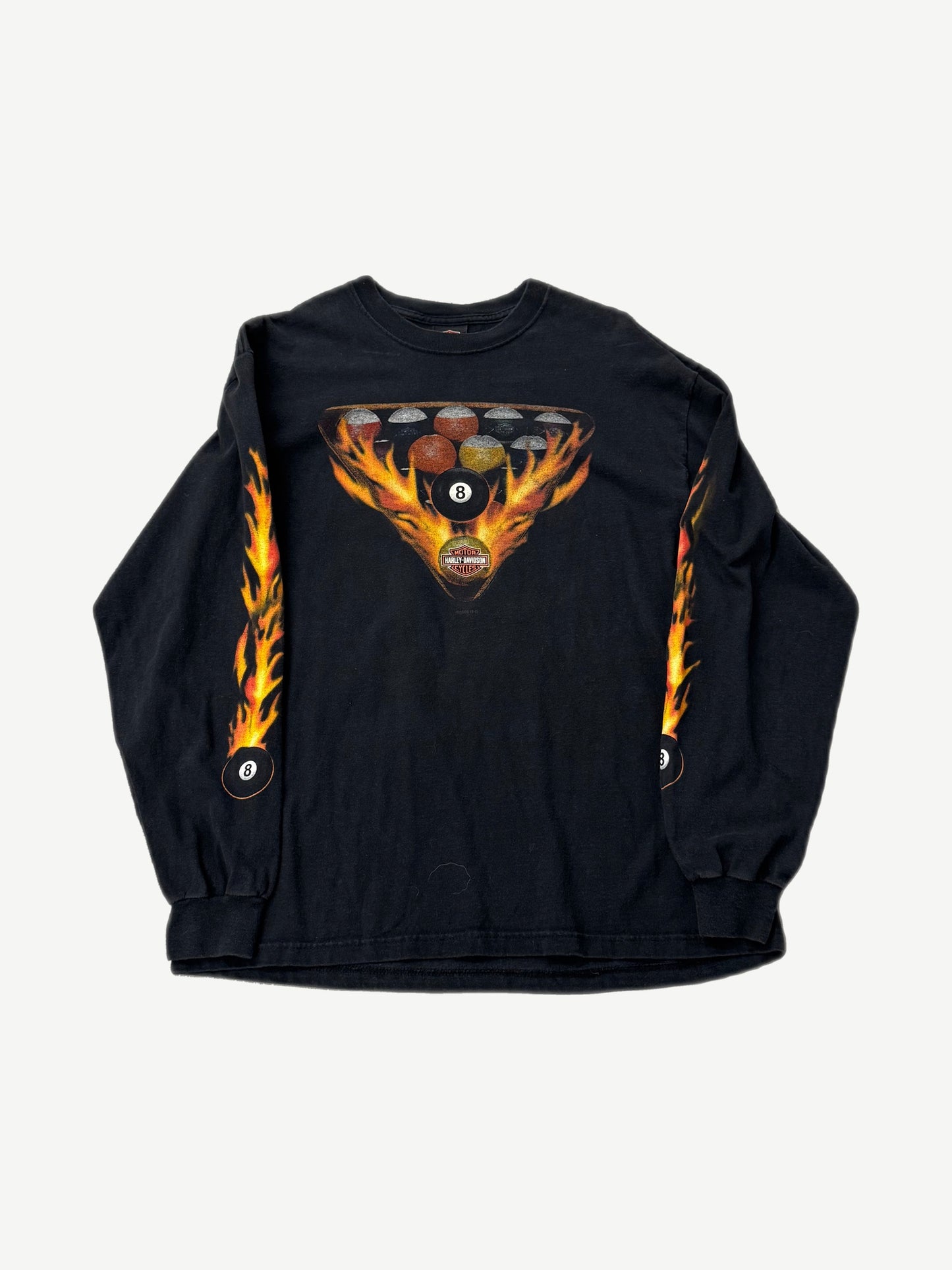 Vintage Harley Davidson black long sleeve tee front with flaming 8 ball rack graphic and flame sleeves