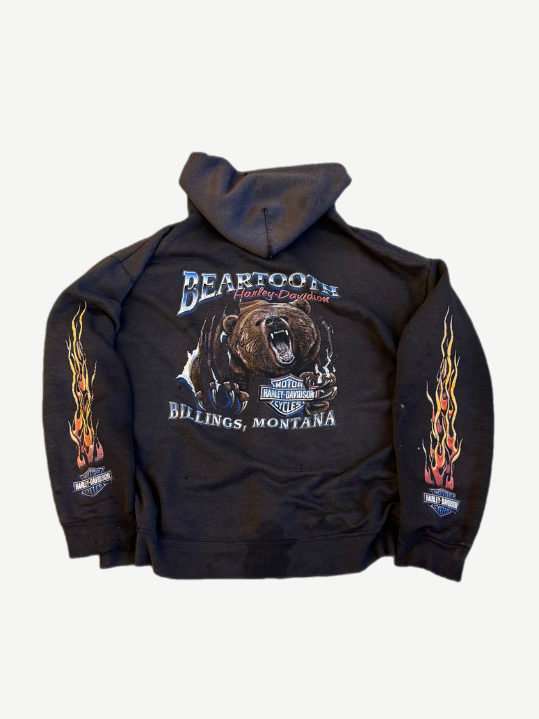 Harley Davidson Beartooth zip hoodie back view showing dealership location graphic and flame sleeves.