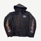 Vintage Harley Davidson Beartooth Billings Montana zip up hoodie with red and orange flame sleeve prints.