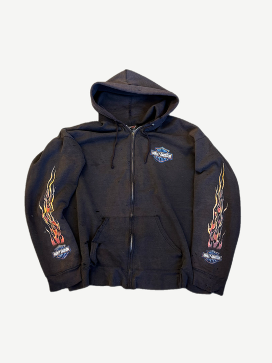 Vintage Harley Davidson Beartooth Billings Montana zip up hoodie with red and orange flame sleeve prints.