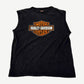 Vintage Harley Davidson 1996 cutoff tee front in faded black with orange and white Motor Cycles bar and shield logo