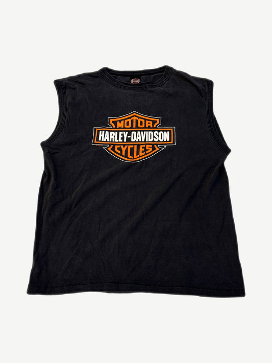Vintage Harley Davidson 1996 cutoff tee front in faded black with orange and white Motor Cycles bar and shield logo