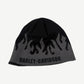 Vintage Harley-Davidson black knit beanie with gray flame intarsia and Harley-Davidson logo across cuff