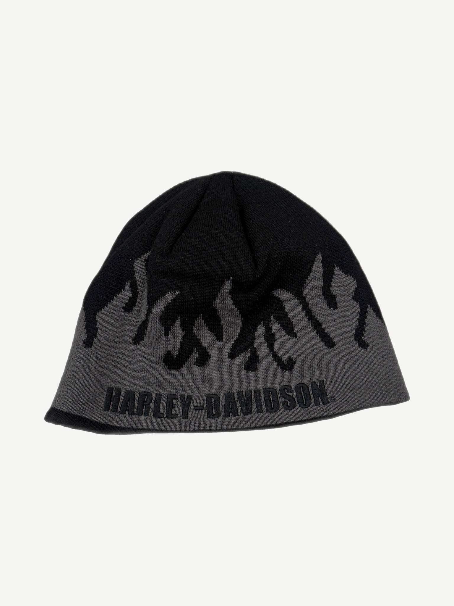 Vintage Harley-Davidson black knit beanie with gray flame intarsia and Harley-Davidson logo across cuff