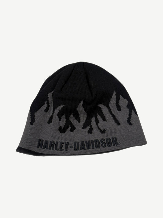 Vintage Harley-Davidson black knit beanie with gray flame intarsia and Harley-Davidson logo across cuff