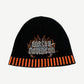 Vintage Harley-Davidson black knit beanie front with embroidered flame logo and orange piano-key cuff stripes
