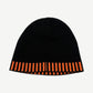 Vintage Harley-Davidson black knit beanie back view with orange and black piano-key striped cuff trim