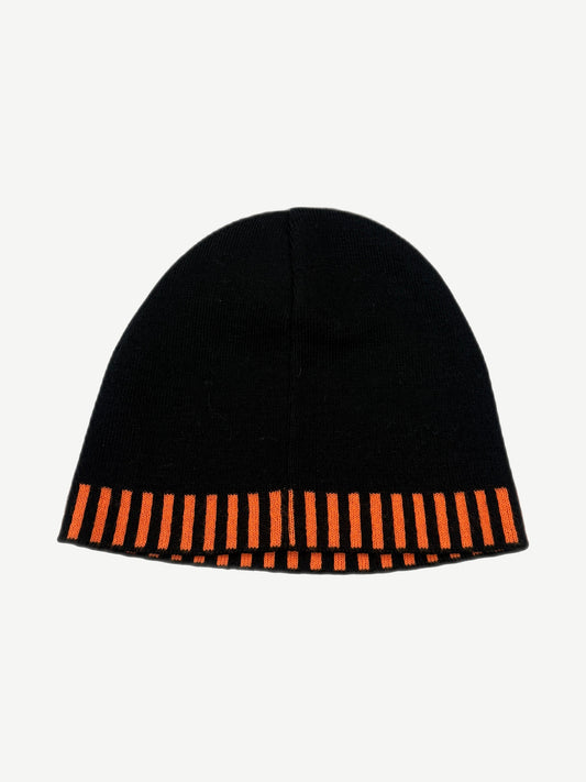 Vintage Harley-Davidson black knit beanie back view with orange and black piano-key striped cuff trim
