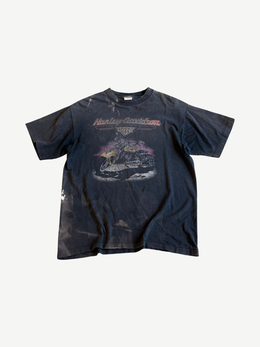 Vintage Harley Davidson Cafe tee front view in heavily sun-faded black cotton with motorcycle and logo print
