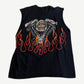 Back of vintage Harley Davidson cutoff tee with engine and flames graphic and Hannums Media PA dealer print