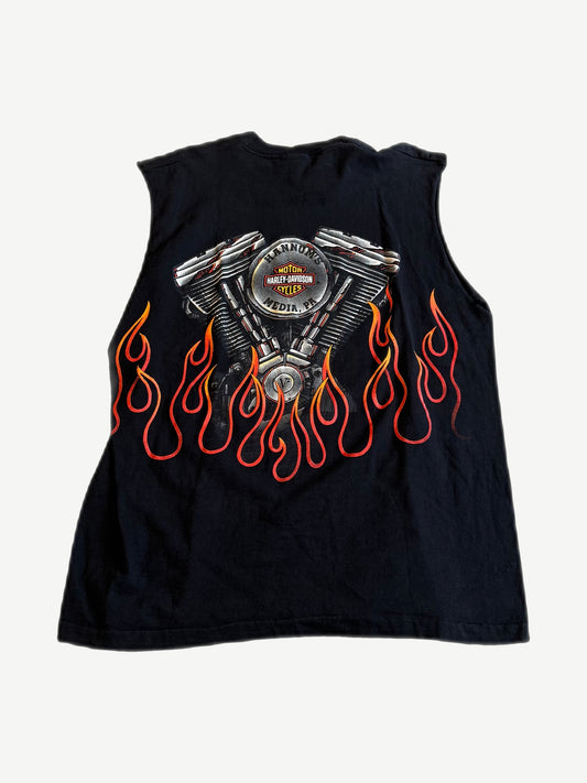 Back of vintage Harley Davidson cutoff tee with engine and flames graphic and Hannums Media PA dealer print