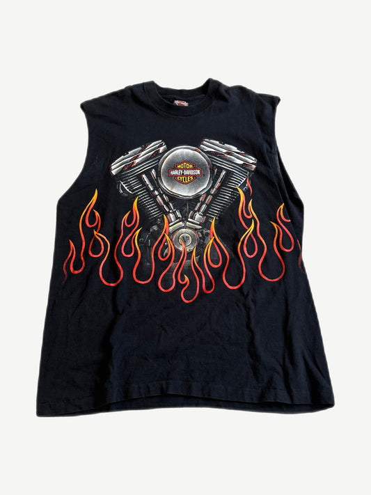 Vintage Harley Davidson black cutoff sleeveless tee with V-twin engine and orange red flames graphic print