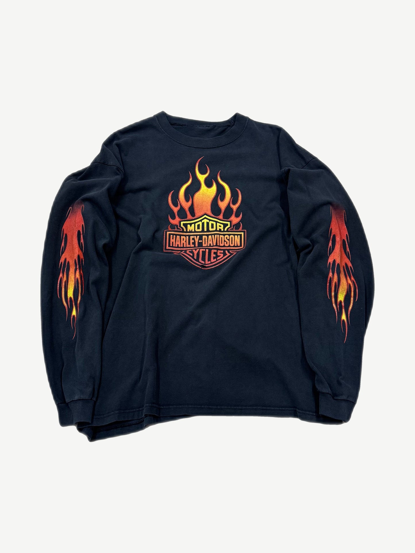 Vintage Harley Davidson black longsleeve tee with bar and shield flame print on chest and flame sleeves
