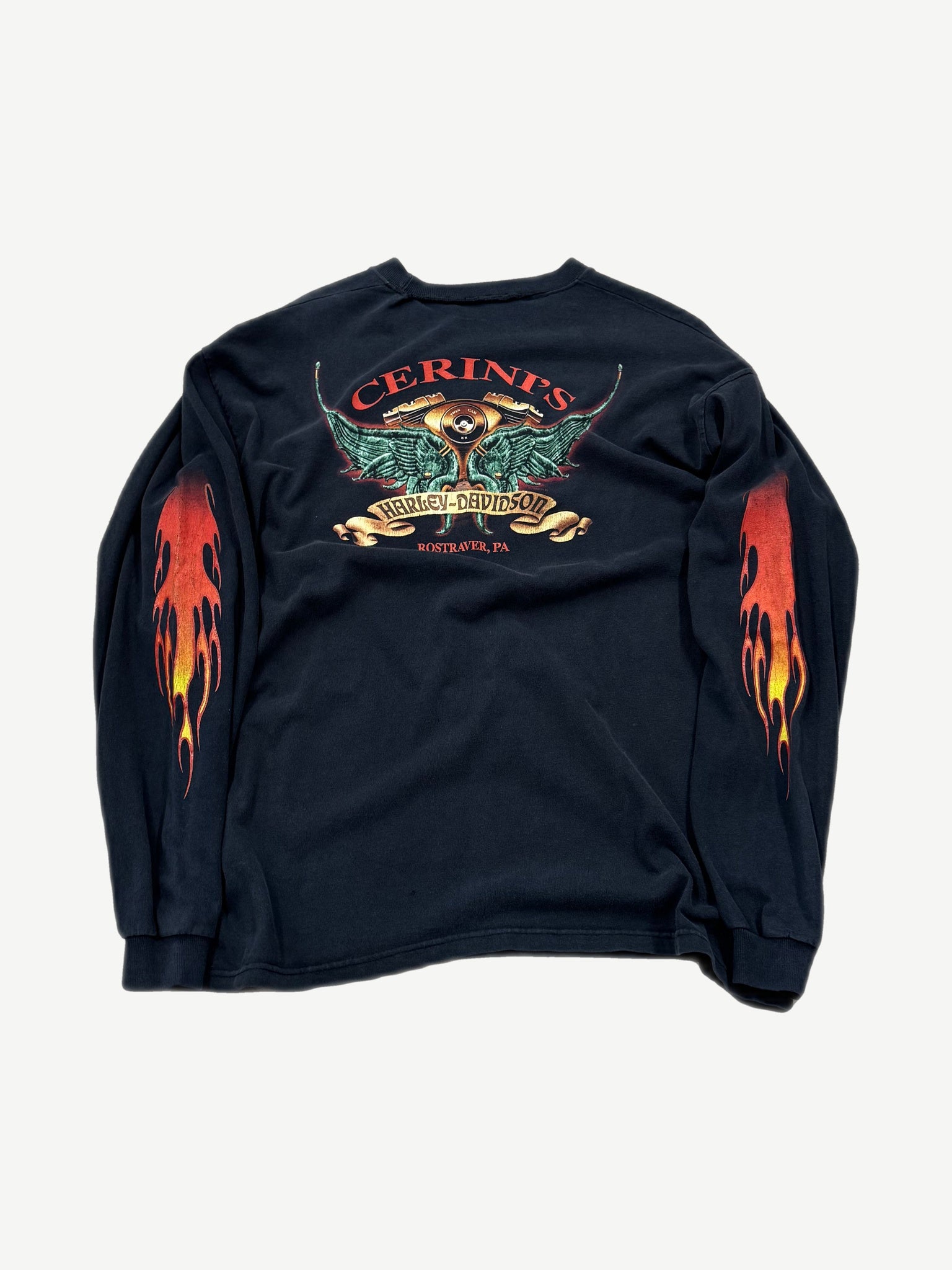 Vintage Harley Davidson Cerini's Rostraver PA longsleeve back print with winged engine and flame sleeves