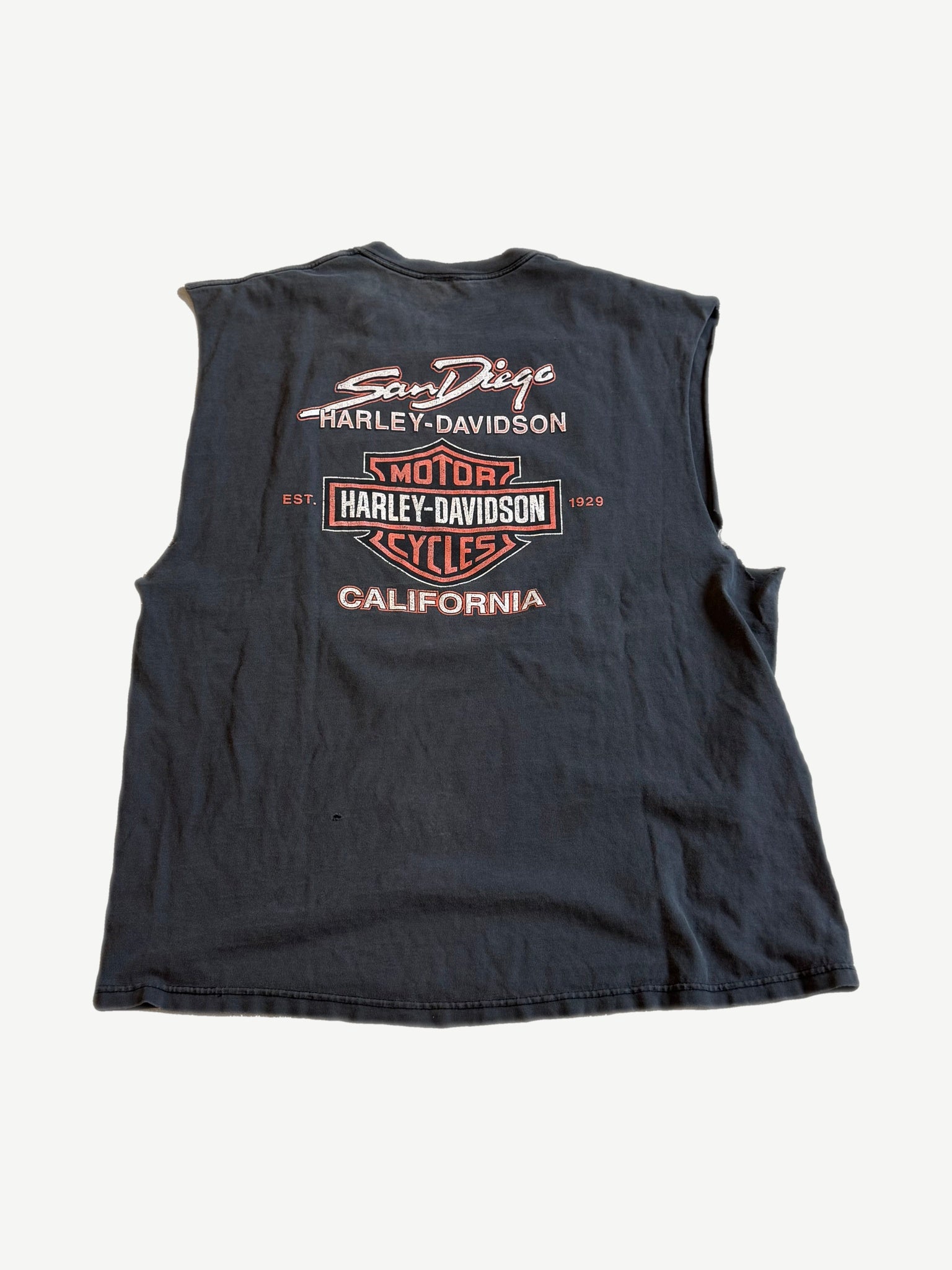 Vintage Harley Davidson cutoff tee back with bar and shield San Diego California EST 1929 print.