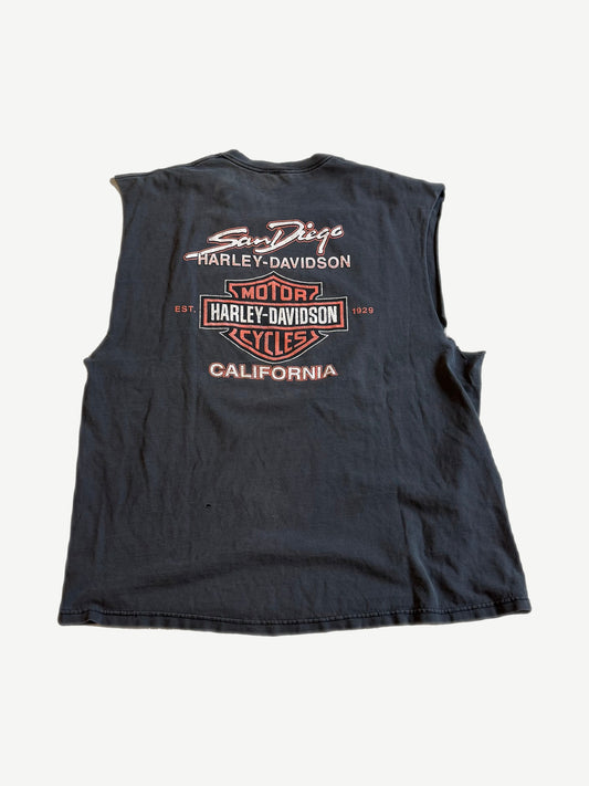 Vintage Harley Davidson cutoff tee back with bar and shield San Diego California EST 1929 print.