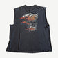 Vintage Harley Davidson San Diego sleeveless cutoff tee with flaming V-twin engine front graphic.