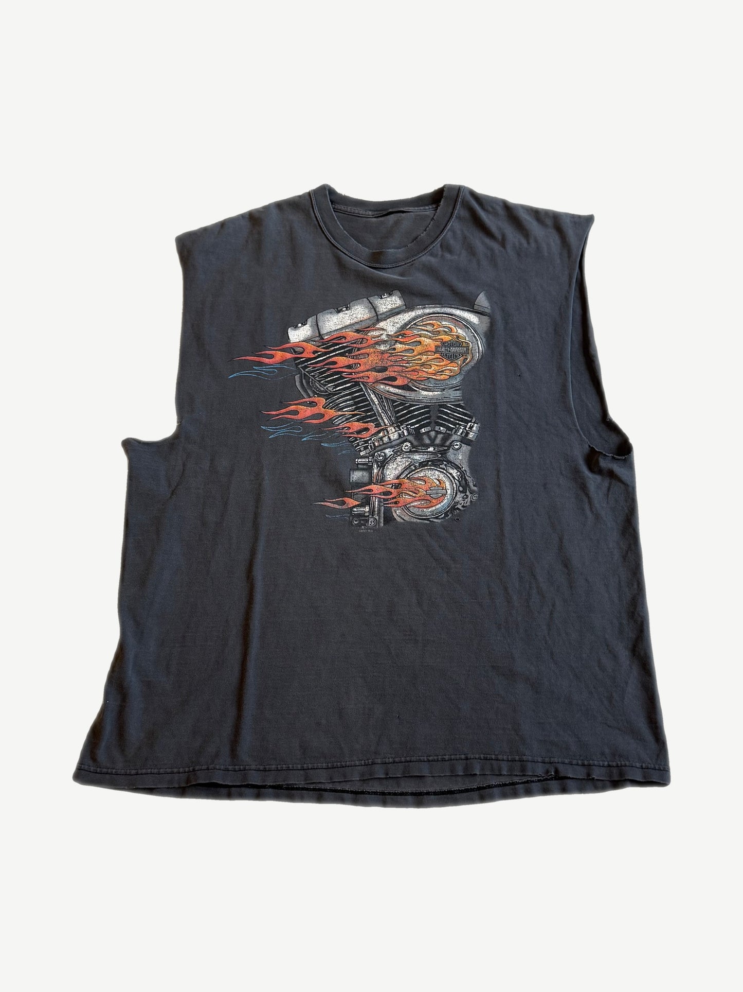 Vintage Harley Davidson San Diego sleeveless cutoff tee with flaming V-twin engine front graphic.