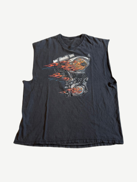 Vintage Harley Davidson San Diego sleeveless cutoff tee with flaming V-twin engine front graphic.