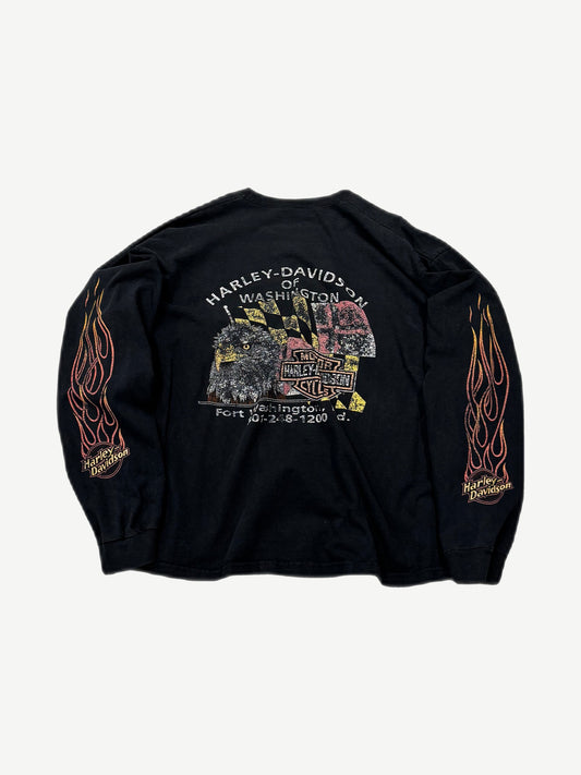 Vintage Harley-Davidson black longsleeve back with eagle, checkered flag and Fort Washington dealer print, flame sleeves.