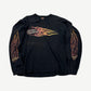 Vintage Harley-Davidson black longsleeve front with orange flame logo on chest and flames printed down both sleeves.