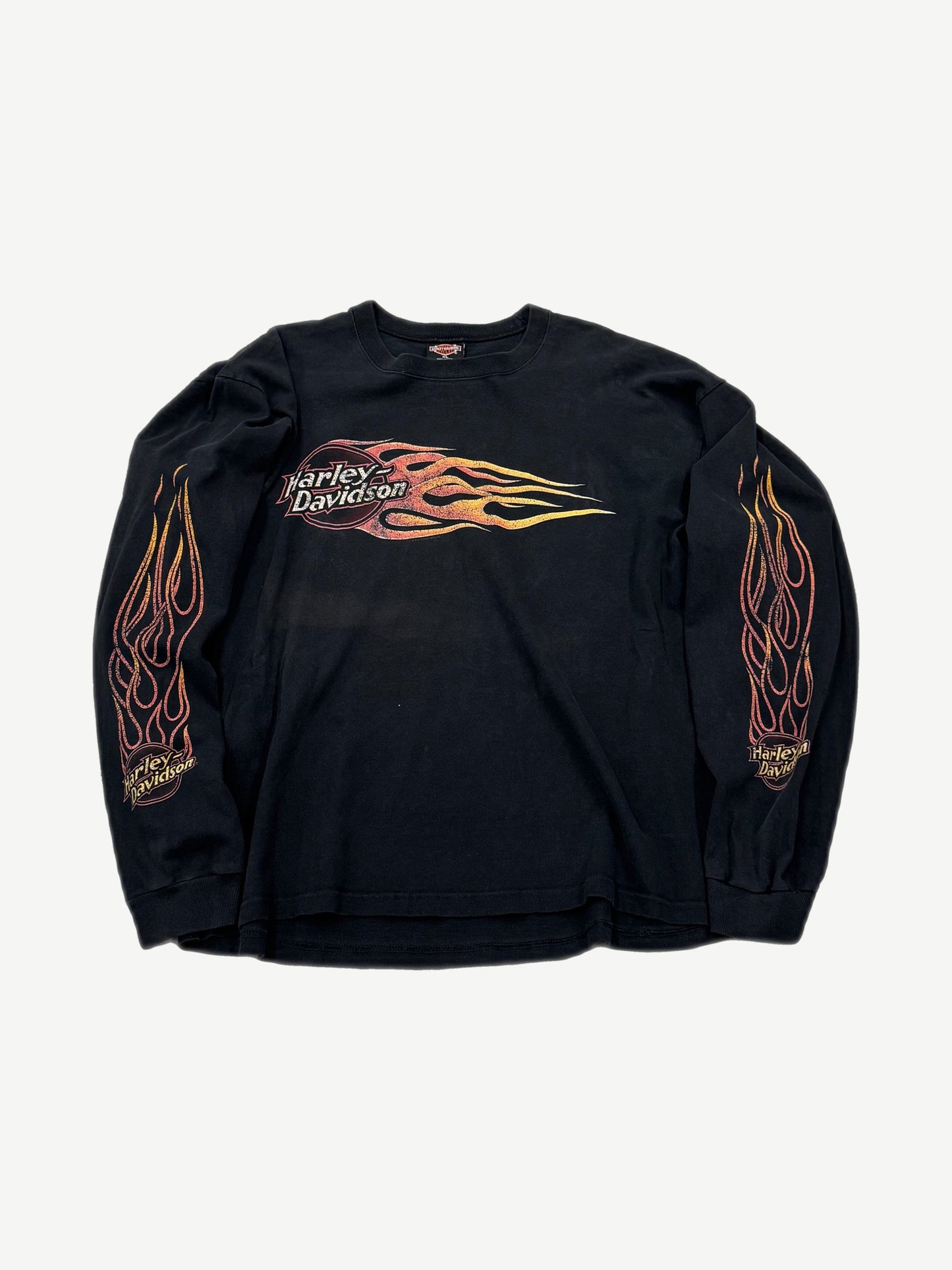 Vintage Harley-Davidson black longsleeve front with orange flame logo on chest and flames printed down both sleeves.