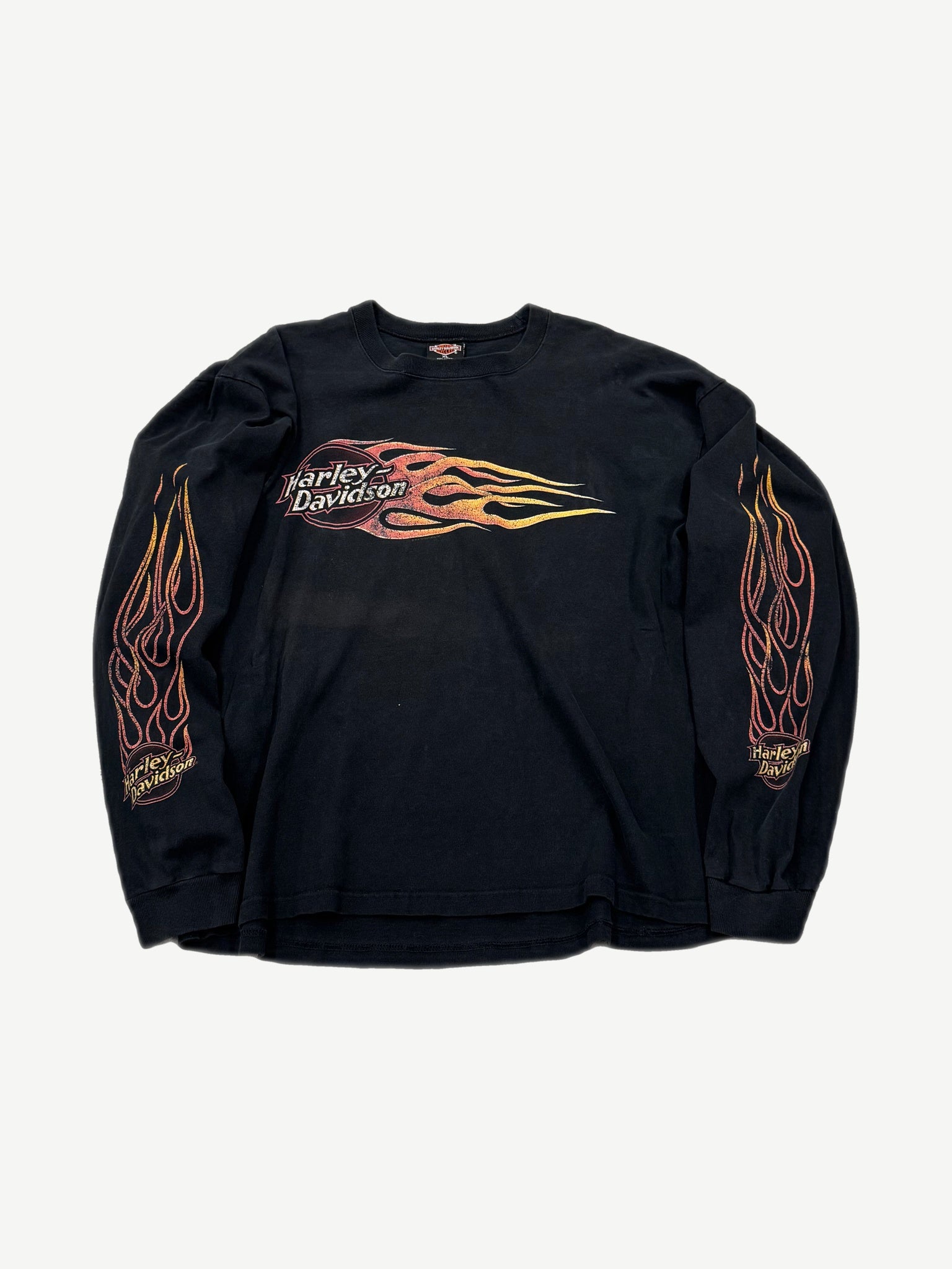 Vintage Harley-Davidson black longsleeve front with orange flame logo on chest and flames printed down both sleeves.