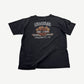 Back of vintage Harley Davidson tee with Chandler AZ flaming Motor Cycles dealership graphic in orange