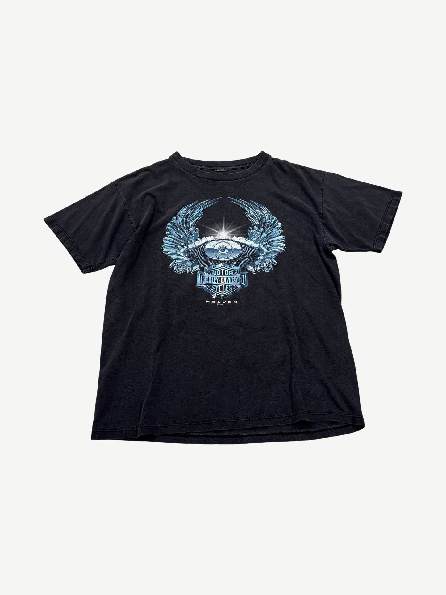 Vintage faded black Harley Davidson tee with chrome winged engine Heaven graphic and Motor Cycles bar shield