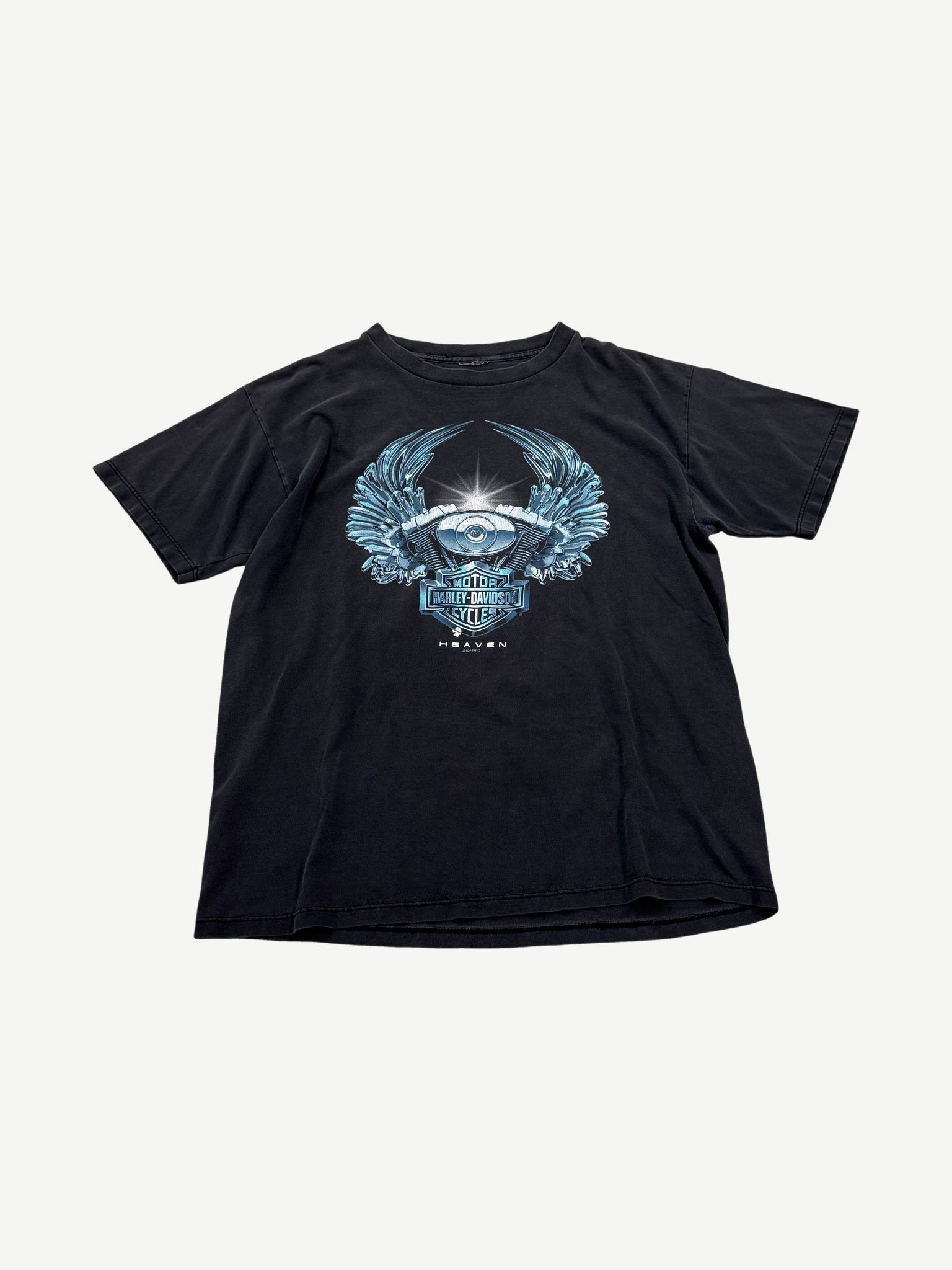 Vintage faded black Harley Davidson tee with chrome winged engine Heaven graphic and Motor Cycles bar shield