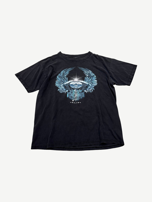Vintage faded black Harley Davidson tee with chrome winged engine Heaven graphic and Motor Cycles bar shield