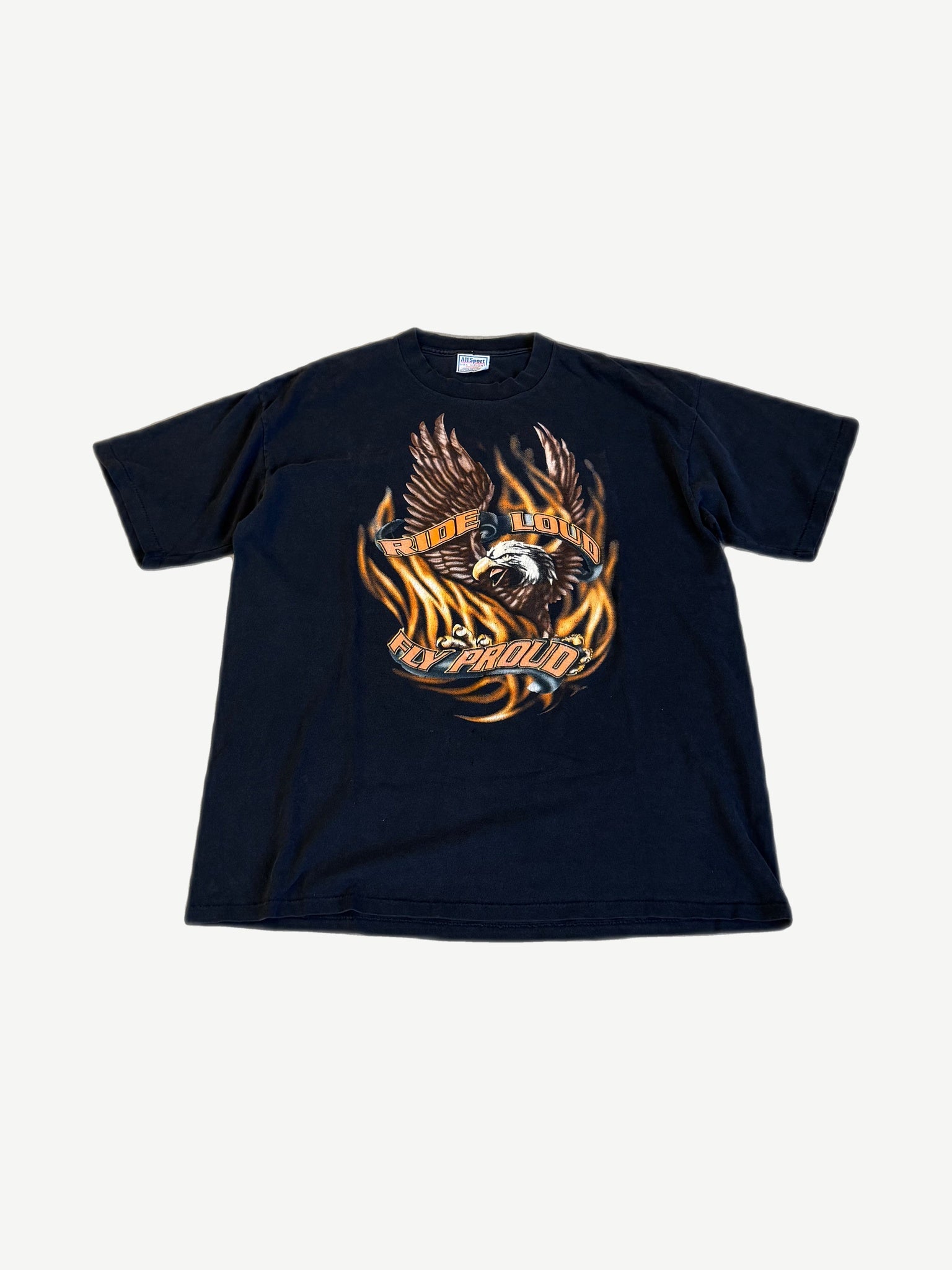 Vintage Harley Davidson Ride Loud Fly Proud tee in black with screaming eagle and orange flame graphic