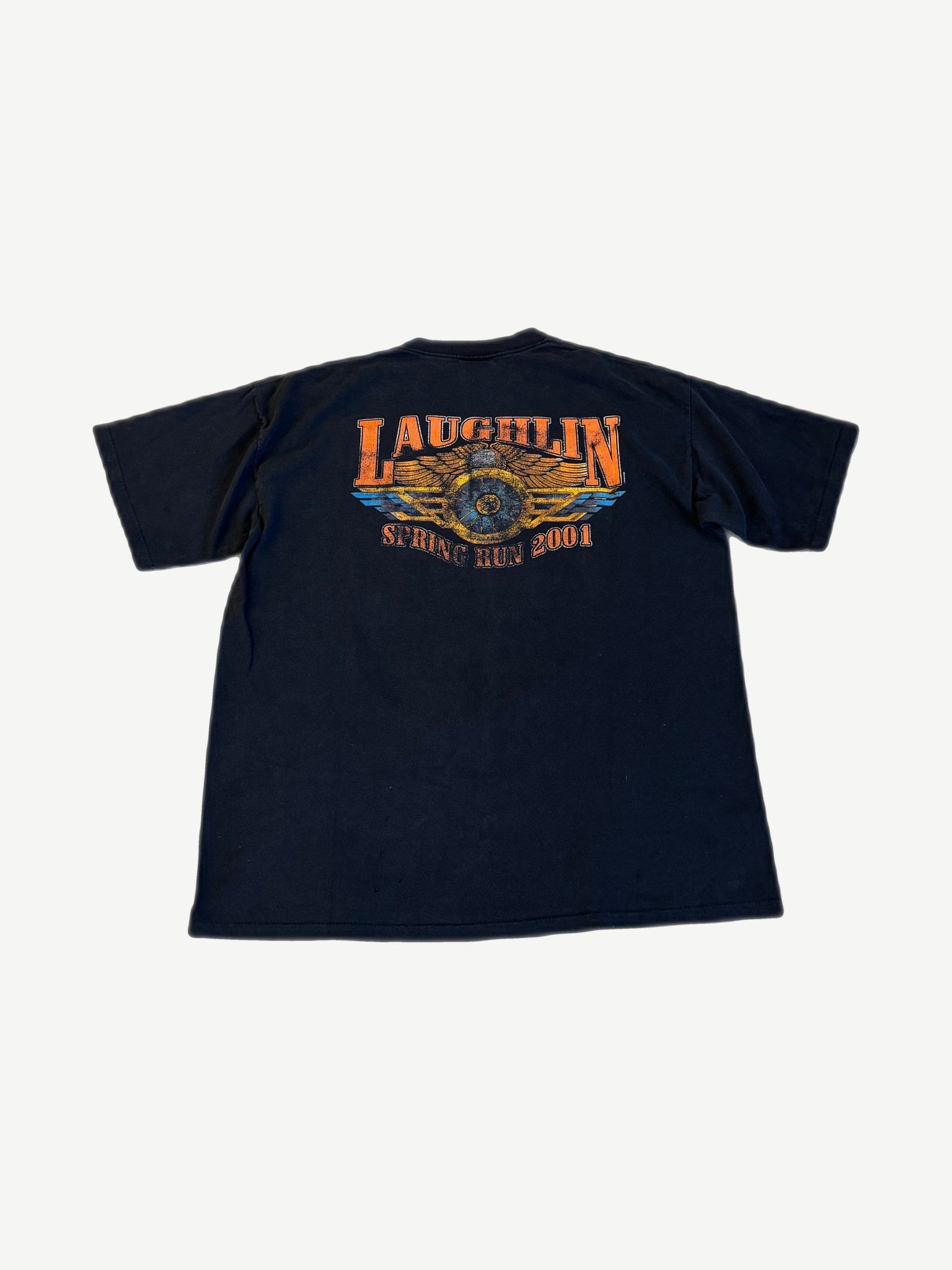Vintage Harley Davidson tee back view with Laughlin Spring Run 2001 winged wheel orange print
