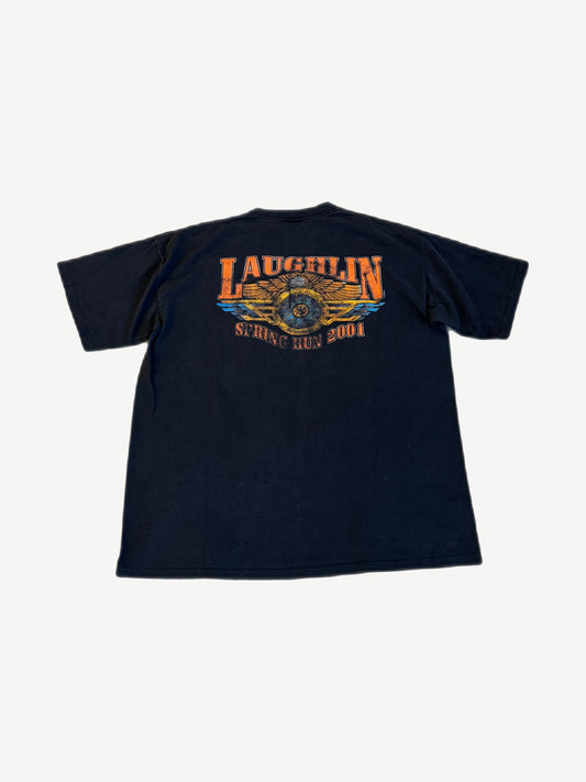 Vintage Harley Davidson tee back view with Laughlin Spring Run 2001 winged wheel orange print