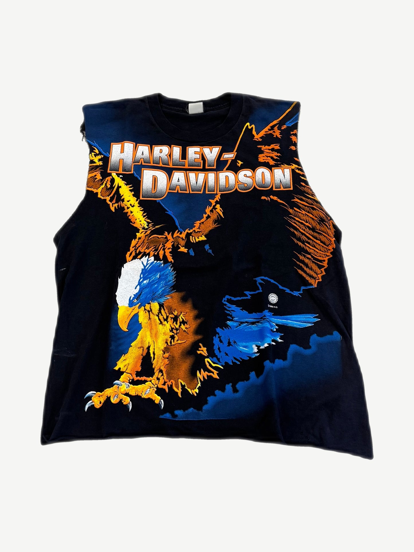 Vintage Harley Davidson Screaming Eagle cutoff tee with orange and blue allover eagle print on black cotton