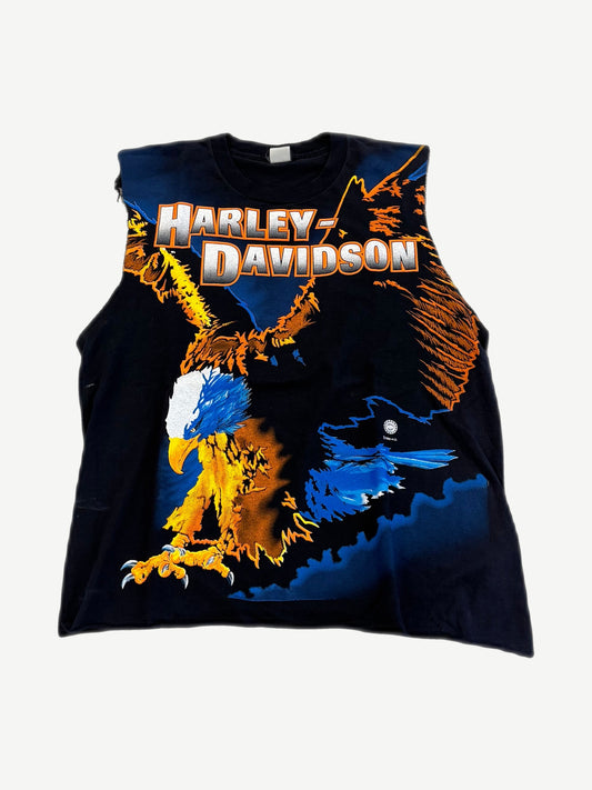Vintage Harley Davidson Screaming Eagle cutoff tee with orange and blue allover eagle print on black cotton