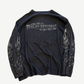 Vintage Harley Davidson black longsleeve front with silver flame sleeve graphics and faded crewneck collar.