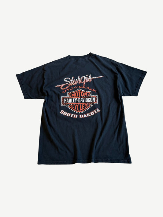 Harley Davidson Sturgis Black Hills Rally tee back view with South Dakota Bar and Shield logo print.