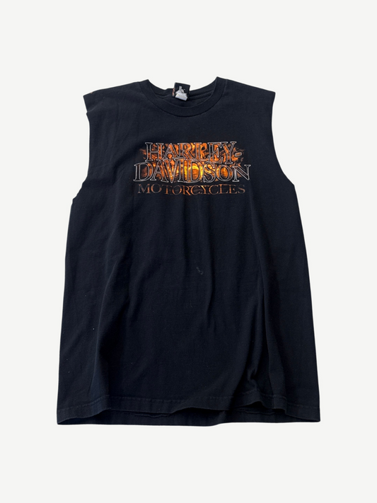Vintage Harley Davidson United Arab Emirates cutoff tee in faded black with eagle graphic and UAE text.