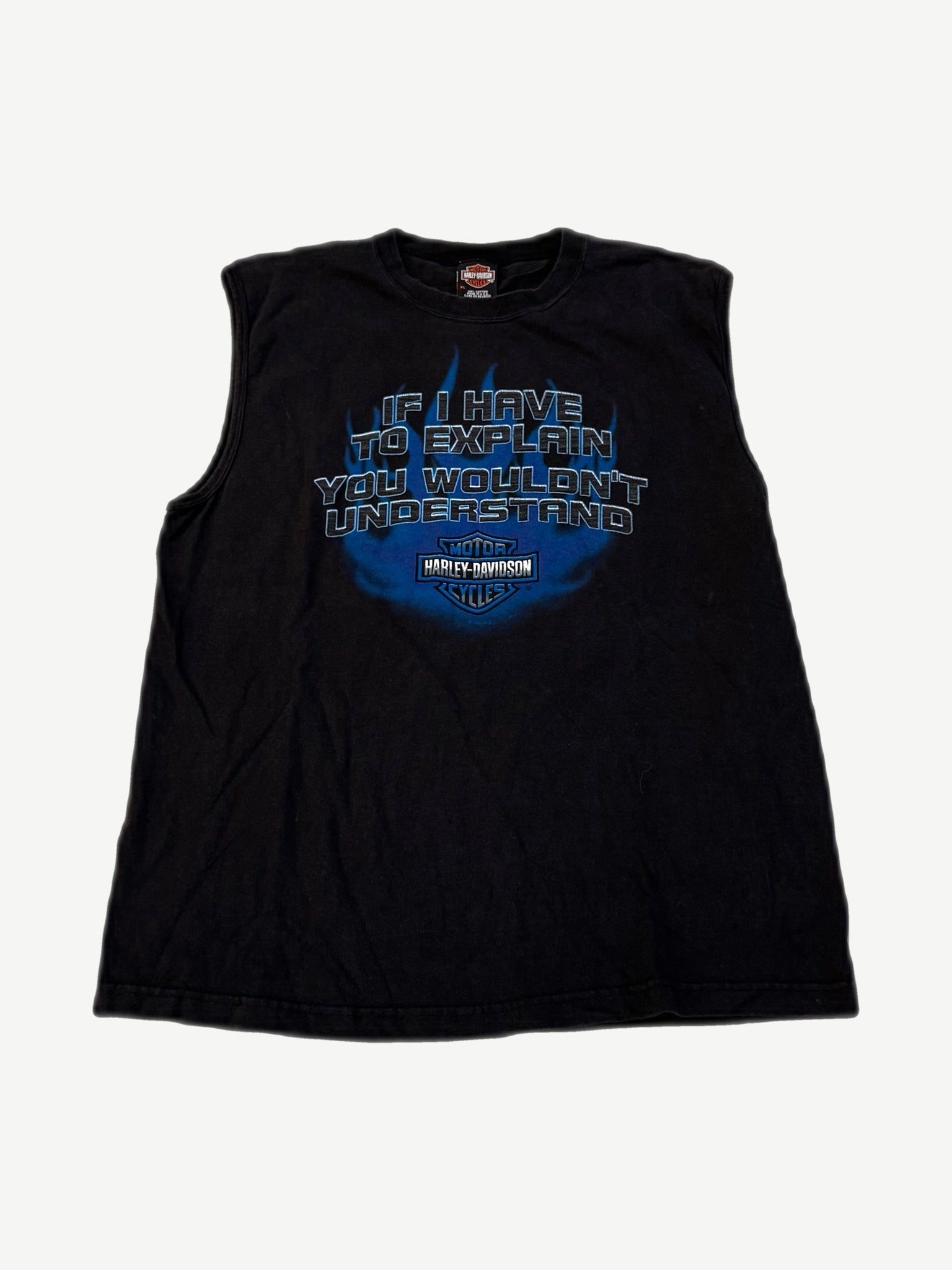 Vintage Harley-Davidson black cutoff muscle tee with blue flame If I Have To Explain You Wouldn't Understand graphic