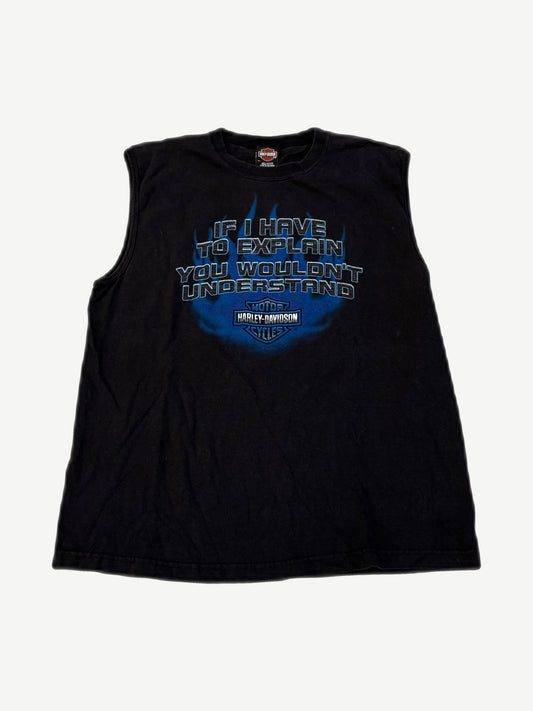 Vintage Harley-Davidson black cutoff muscle tee with blue flame If I Have To Explain You Wouldn't Understand graphic