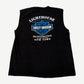 Back of vintage Harley-Davidson black cutoff tee with Lighthouse Huntington Long Island NY shield logo print