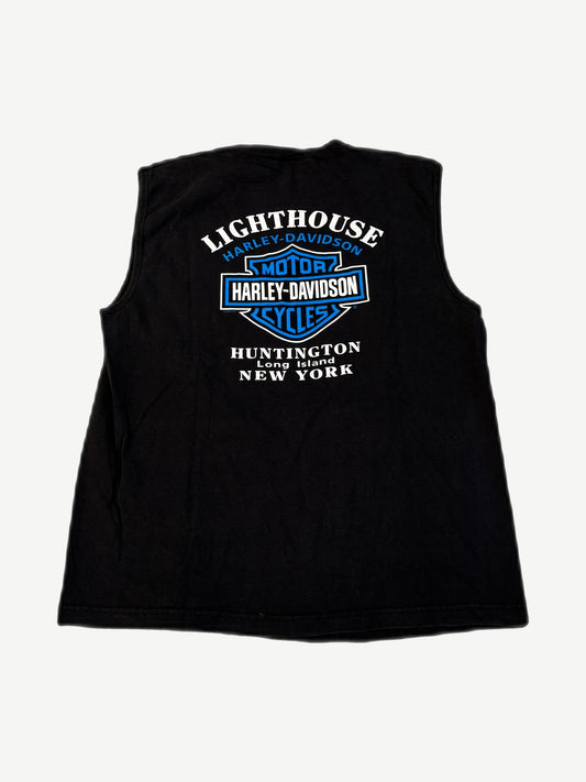 Back of vintage Harley-Davidson black cutoff tee with Lighthouse Huntington Long Island NY shield logo print